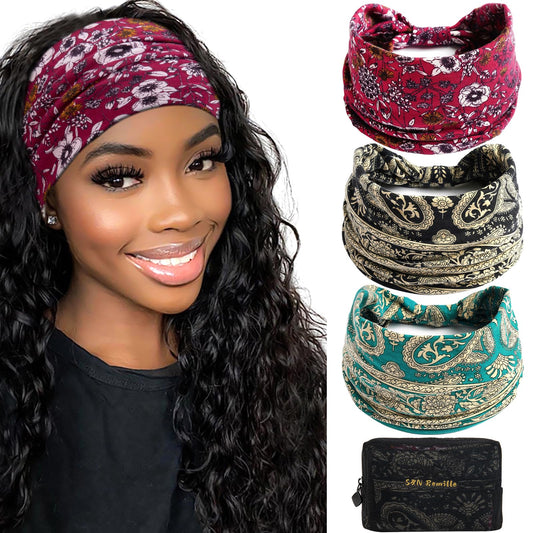 S&N Remille Wide Boho Headbands, Large Hairband for Women, Elastic Non-Slip Headband Twisting Accessories, Auitable for Sports Yoga And Running