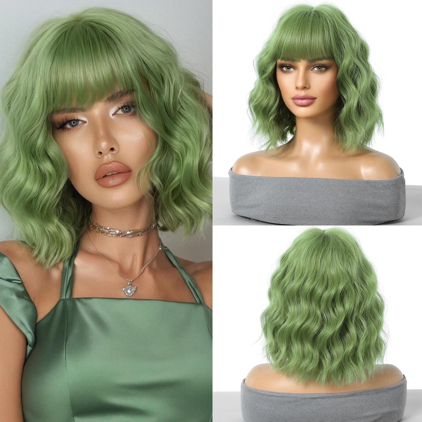 WTHCOS Green Wig Short Curly Wavy Hair Wig With Bangs Avocado Green Wig for Women Matcha Green Wig Short Bob Wig Heat Resistant Synthetic Hair Wigs for Daily Use Cosplay Wig With Wig Cap