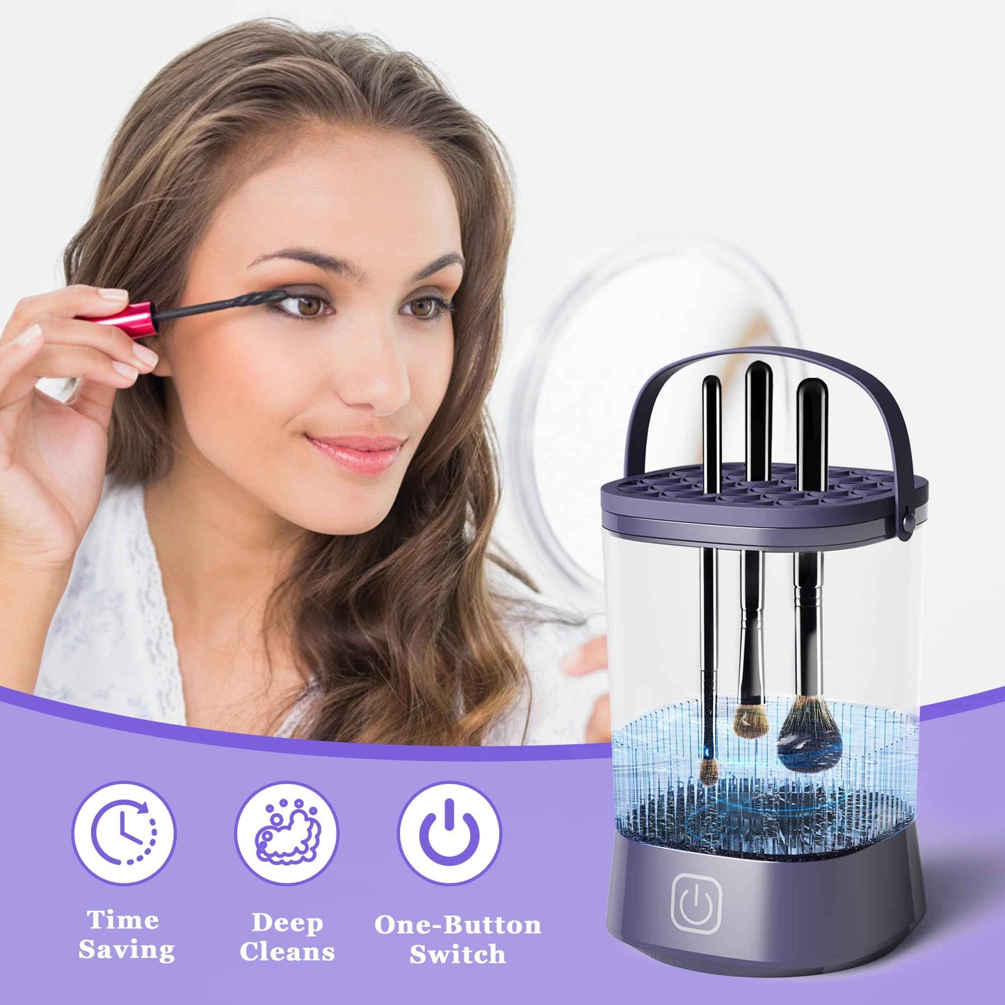 Electric Makeup Brush Cleaner Machine, Automatic Spinning Make up Brush Cleaner with 1200 mAh Rechargeable Battery, Portable Cosmetic Brush Cleaner Dryer Tool for All Size Makeup Brush (Purple)