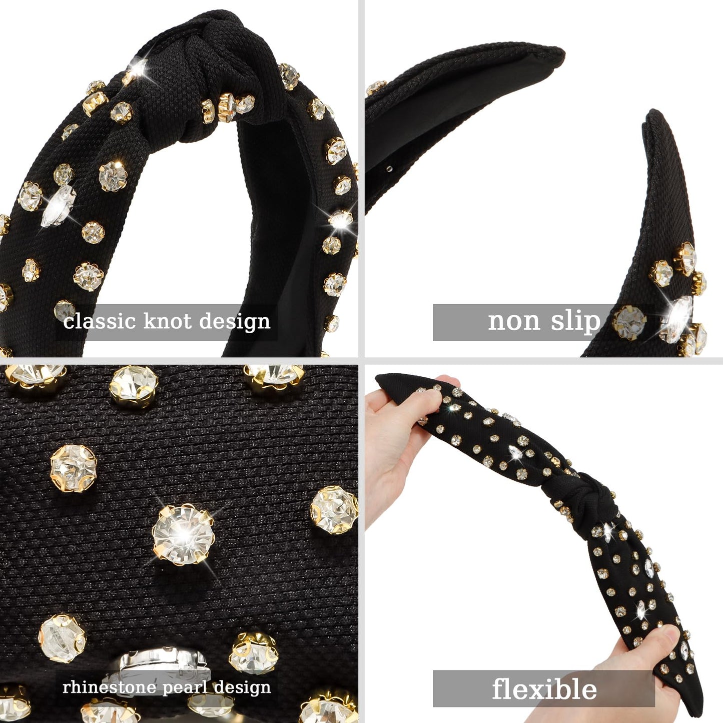 Canitor Black Headband Rhinestone Knotted Headbands for Women Top Knot Headband Head Bands for Women's Hair Embellished Fashion Hair Accessories for Girls