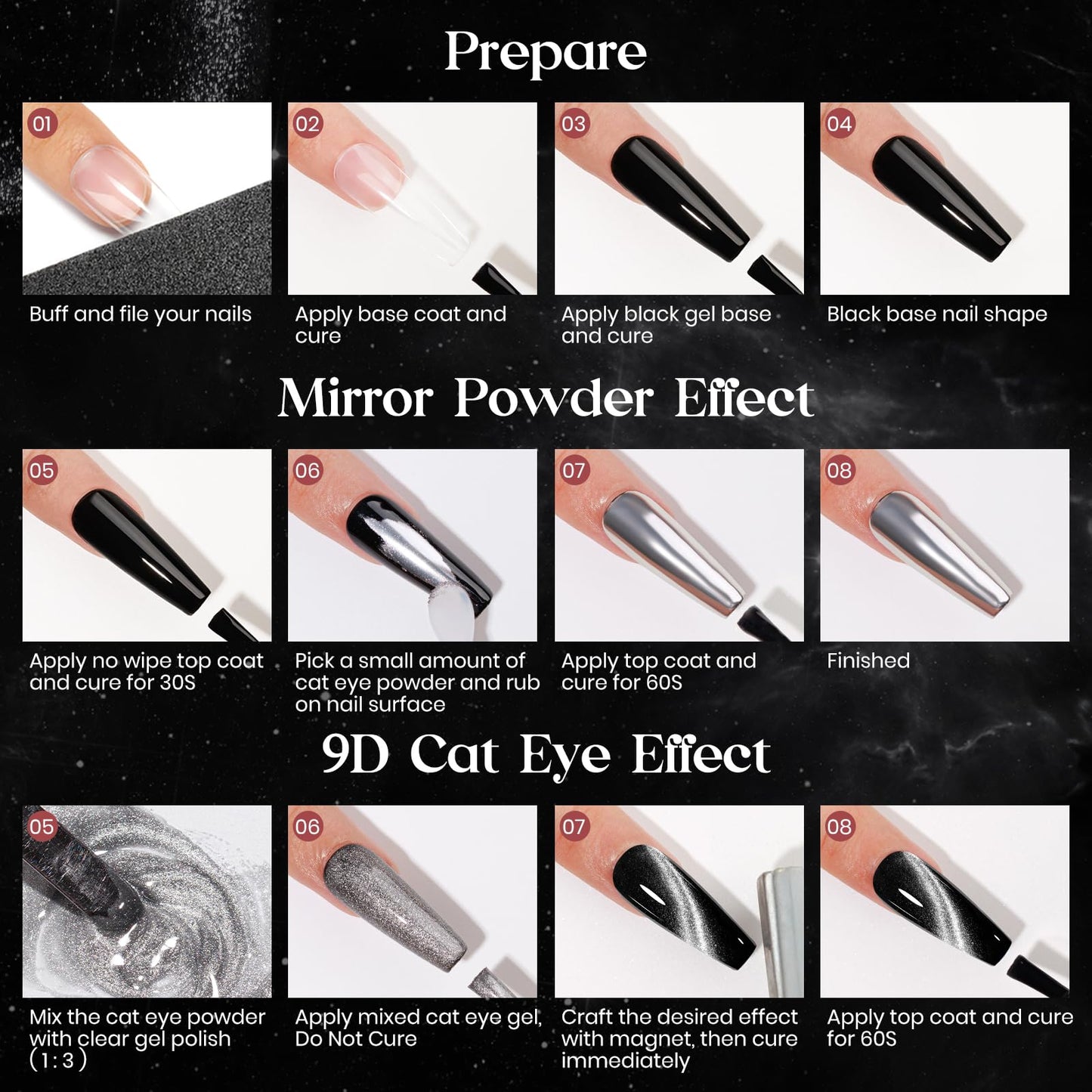 MIZHSE 9D Cat Eye Chrome Nail Powder Mirror Effect, Silver Magnetic Glitter Pigment Powder for Gel Nails Chameleon Cateye Magic Galaxy Nail Art Powder with Magnet