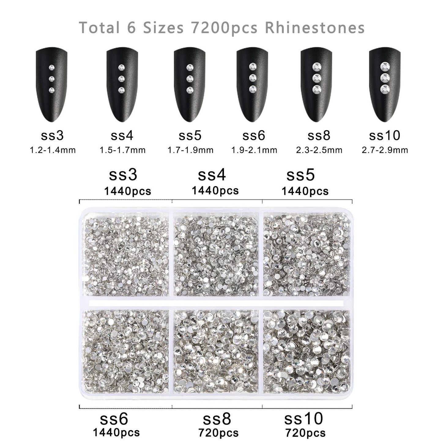 Beadsland 7200pcs Flatback,Clear Rhinestones Nail Gems Round Crystal for Crafts,Mixed 6 Sizes with Wax Pencil Kit, SS3-SS10