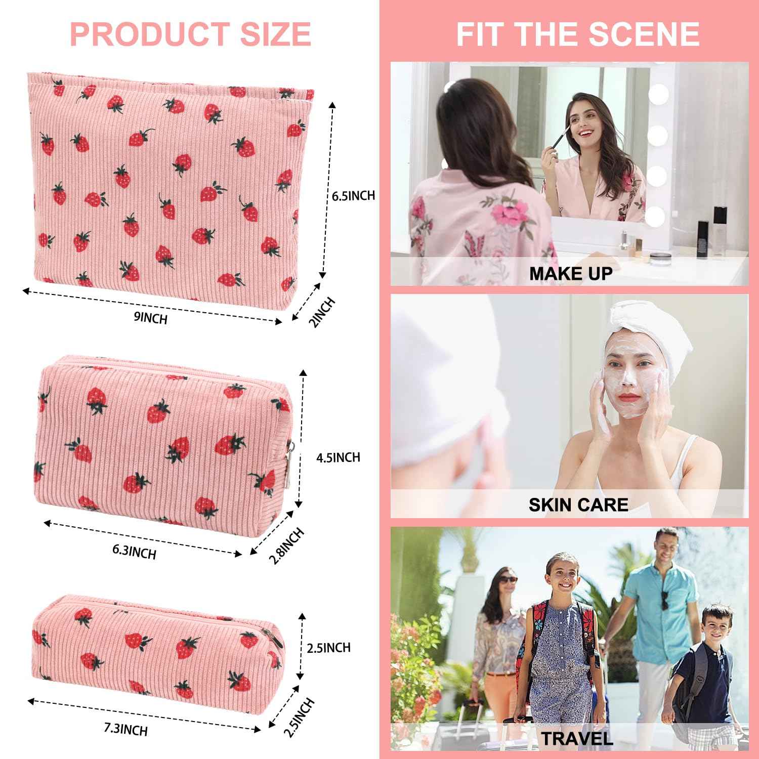 EIMMBD Makeup Bag 3 Pieces Large Capacity Cosmetic Bags Travel Toiletry Bag Organizer Cute Makeup Pouch Storage for Women(Pink Strawberry)