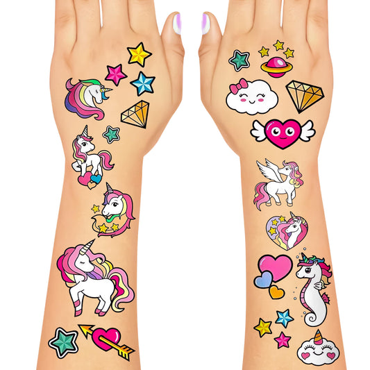 Tatodays 16 x Unicorn temporary tattoos sheets for girls age 7-8 unicorns hearts rainbows stars fake transfer stick on tumblers