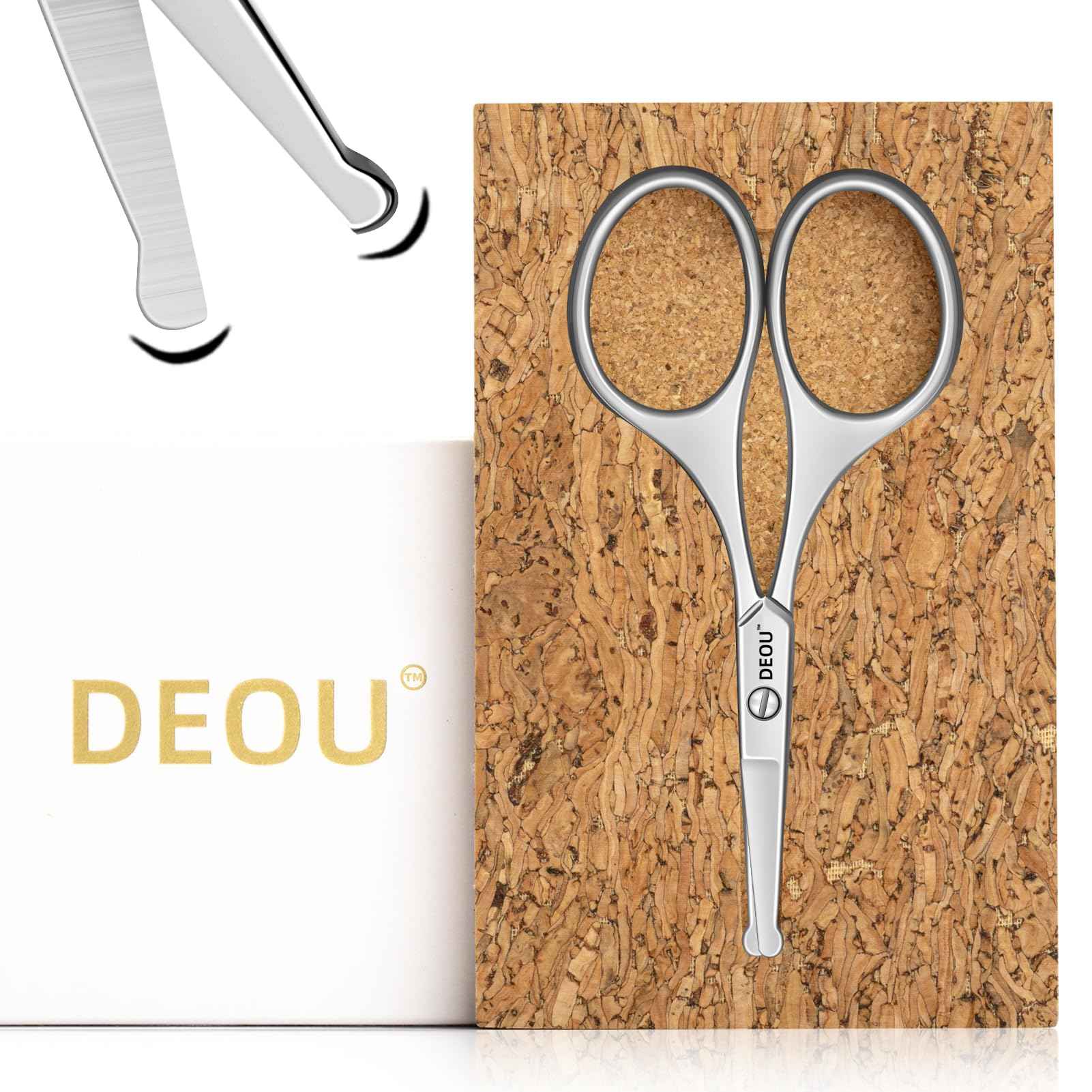 DEOU Silver Stainless Steel Round Nose Safety Scissors - Compact Facial Hair Trimming Tool for Men's Nose, Eyelashes, Eyebrows, Beard & Pet Grooming