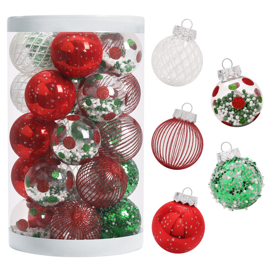 JIALEIXI 25PCS Christmas Ornaments Set, 2.36"/6CM Assorted Clear Plastic Shatterproof Ball Hanging Ornaments for Xmas Tree Decorations, for Indoor Home Holiday Decor - Red/Green/White.