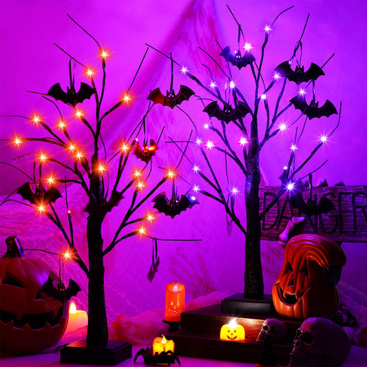 Retisee 2 Set Halloween Tree Decoration with 24 Purple Orange LED Light 16 Bats 2 ft Light up Halloween Table Centerpiece Black Glitter Spooky Battery Powered Timing Tree for Halloween Tabletop Indoor