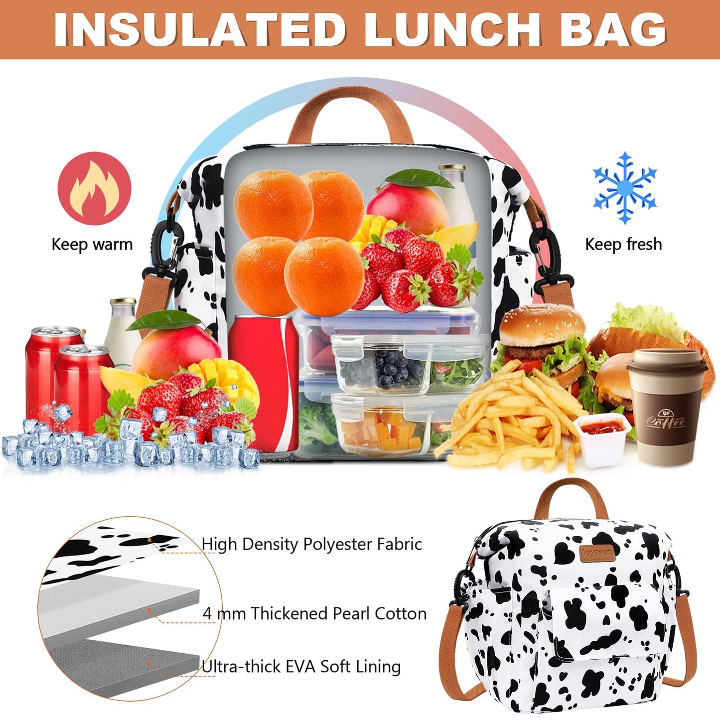 Joymee Insulated Lunch Bag for Women Men- Leak-proof Large Capacity Reusable Versatile Lunch Bag Adjustable Shoulder Strap Side Pockets- Lunch Cooler Bag for Adult - for Trip, Picnic, Work, Cow