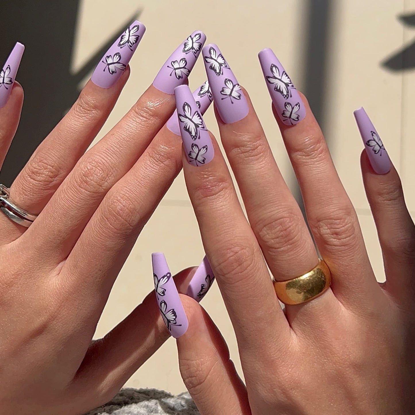 BABALAL Long Press on Nails Coffin Fake Nails Purple Acrylic Nails Matte False Nails Ballerina Stick on Nails for Women and Girls 24Pcs