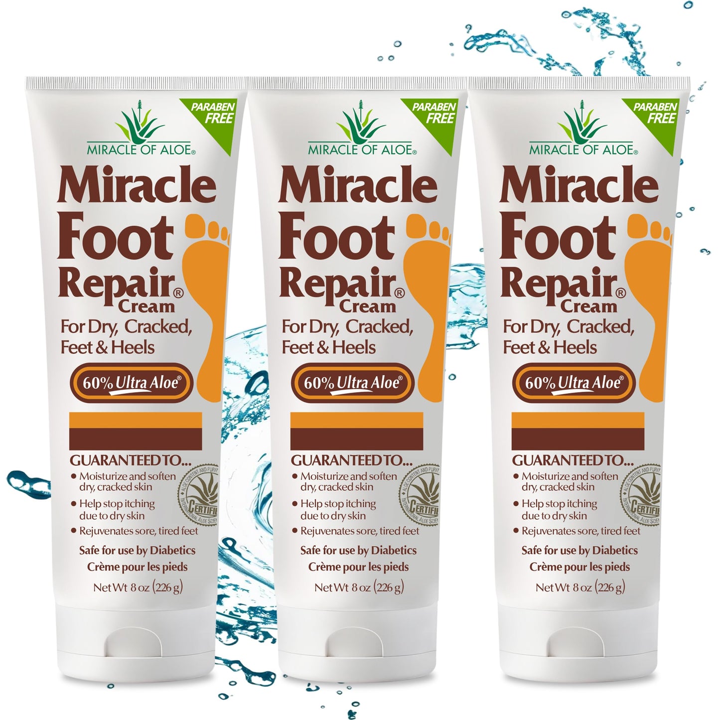 Miracle Foot Repair Cream (8 oz / 3-Pack) Repairs Dry Cracked Heels and Feet, 60% Pure UltraAloe Moisturizes, Softens, and Repairs