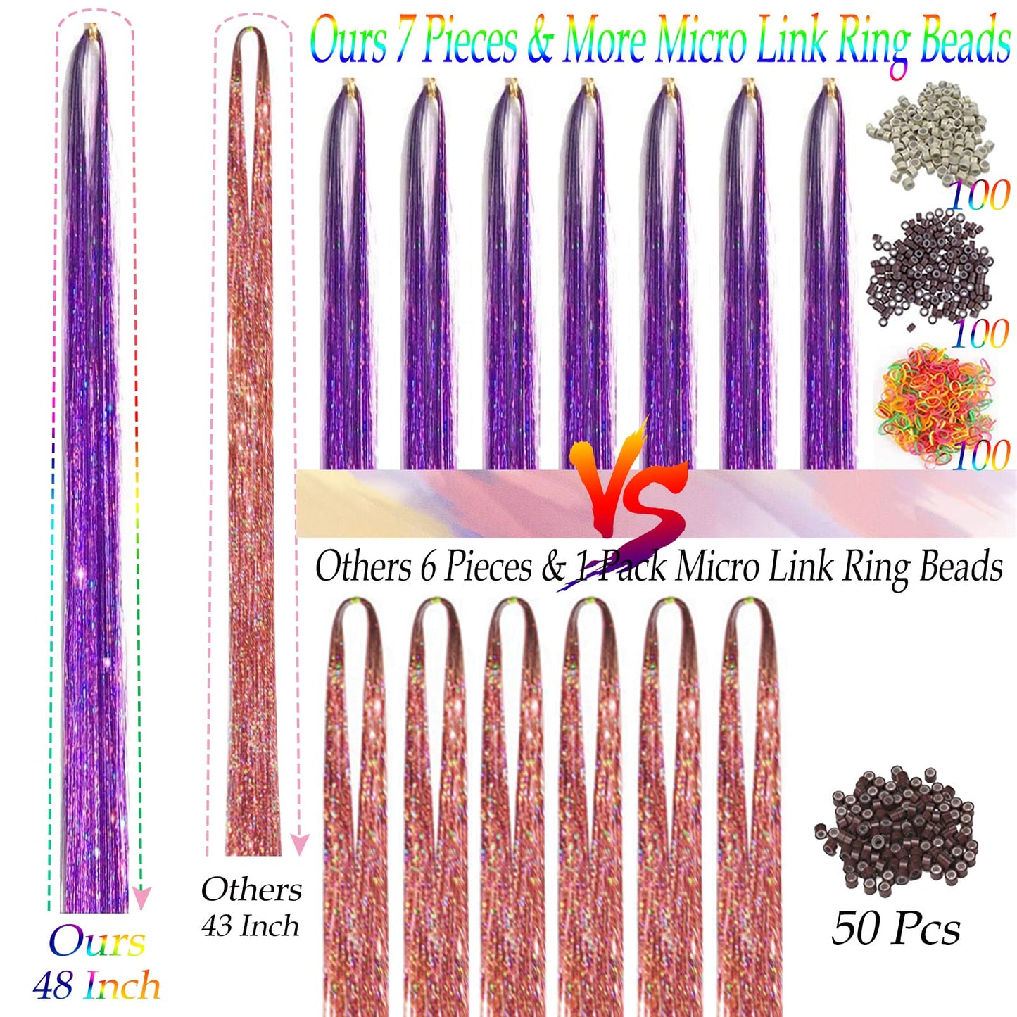 Purple Hair Tinsel Kit: 48 Inches 7Pcs 2100 Sparkling Strands Glitter Tinsel Hair Extensions with Tools - Fairy Heat Resistant Hair Tinsel Accessories for Women Girls Kids