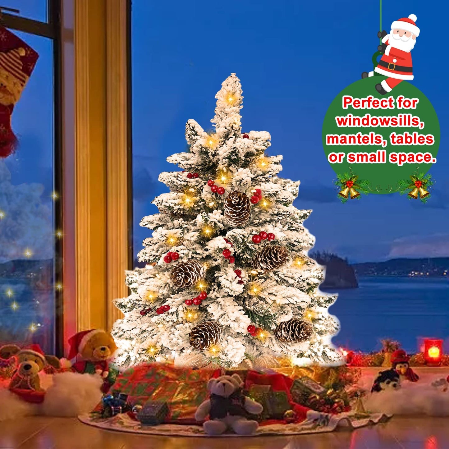 TURNMEON 20 Inch Flocked Christmas Tree with 35 Lights Timer, Tabletop Christmas Tree Battery Operated Warm Lights 30 Red Berries 5 Pine Cones Burlap Base Small Christmas Tree Xmas Decor Indoor Home