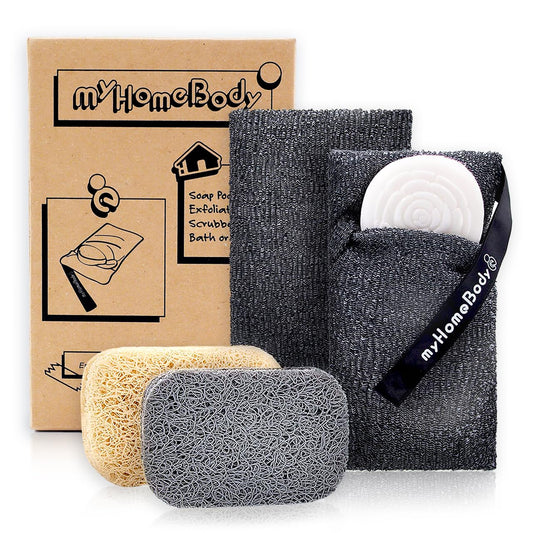 myHomeBody Soap Pocket Exfoliating Soap Saver Pouch, Body Scrubber Sponge, Exfoliator for Bath or Shower, for Large Bar Soap or Leftover Bits, Graphite Gray, 2 Pack + 2 Soap Lifting Pads