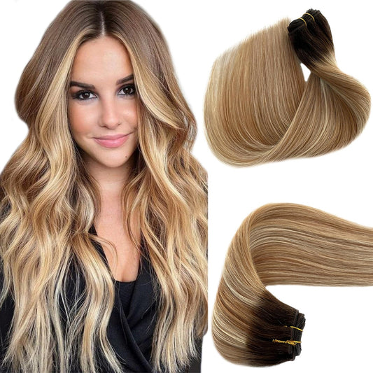 Human Hair Weft Extensions, Balayage Sew in Weft Hair Extensions Human Hair, Blonde Highlighted Bundles Human Hair, Seamless Sew in Hair Extensions Real Human Hair Extensions Weft 14” 100G Straight