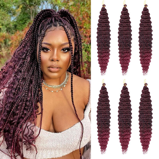 Curly Braiding Hair 24 Inch 6 Packs Ombre Burgundy Ocean Wave Crochet Hair Wet and Wavy Braiding Hair Crochet Hair for Black Women