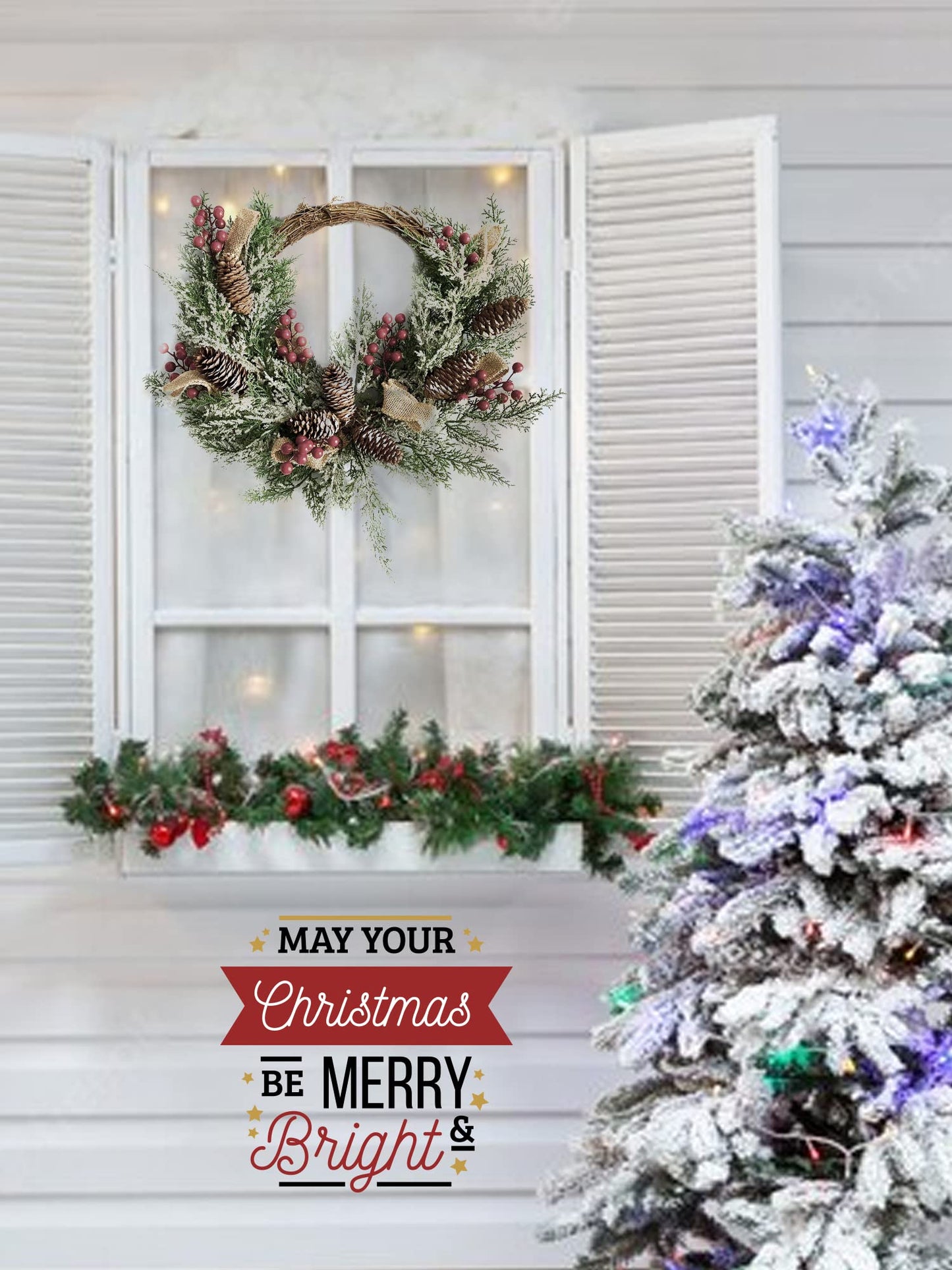 Christmas Artificial Wreath for Front Door, Outdoor Christmas Wreath Flocked with Mixed Decorations, Holiday Greenery Wreath with Pinecones, Red Berries, and Snowflake, 23 inches