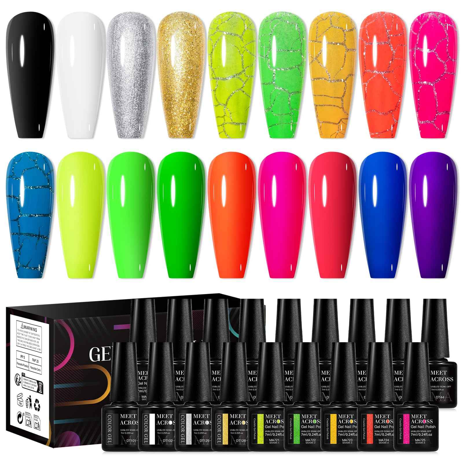 MEET ACROSS Neon Crackle Gel Nail Polish With Black White Sliver Glod Gel+ Glow in the Dark Gel Polish Kit 18Pcs*7ml