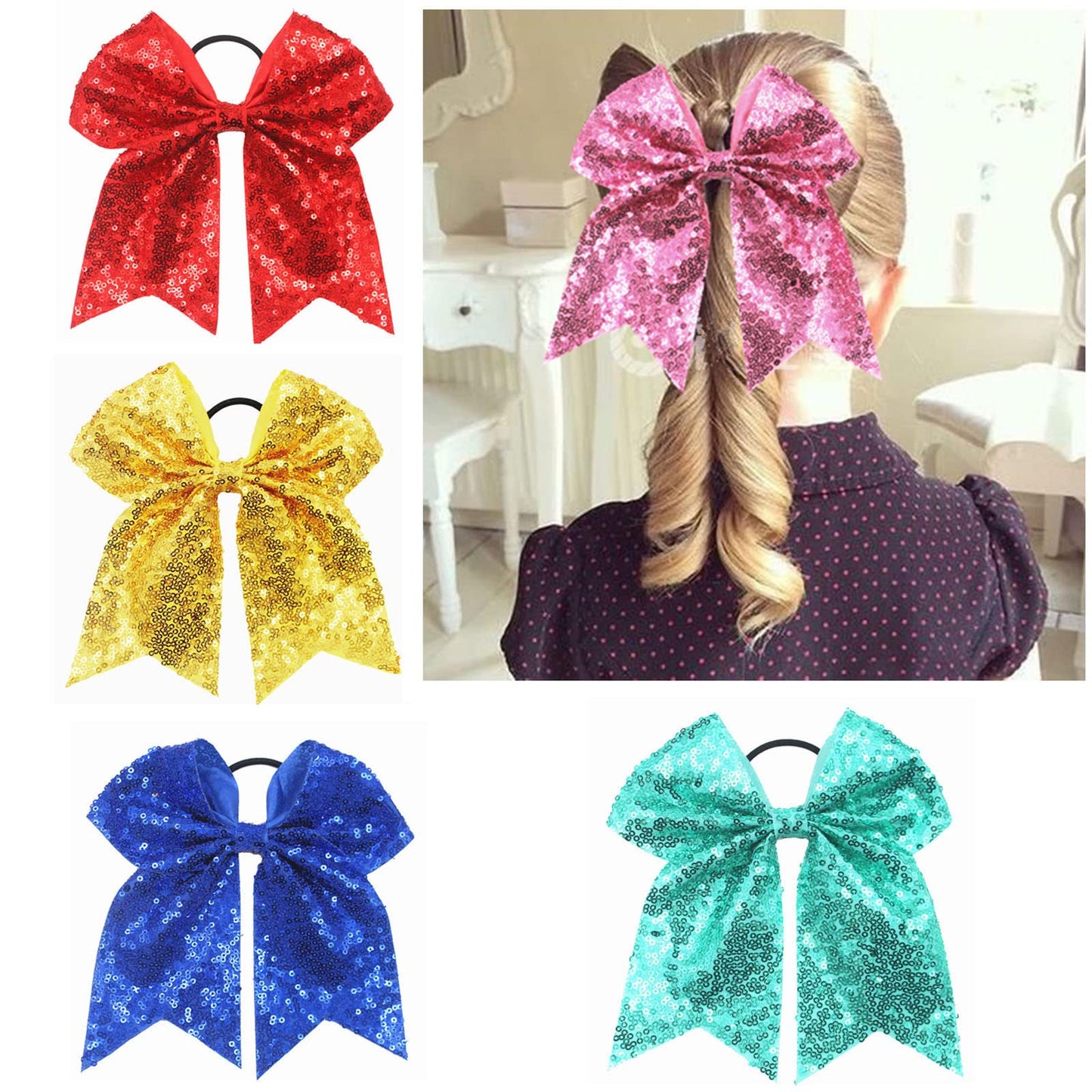 6.5 Inches Sequins Hair Bows Elastic Hair Tie Ribbon Large Cheer Bow Ponytail Holder Hair Band for Women Girls Kids Teens