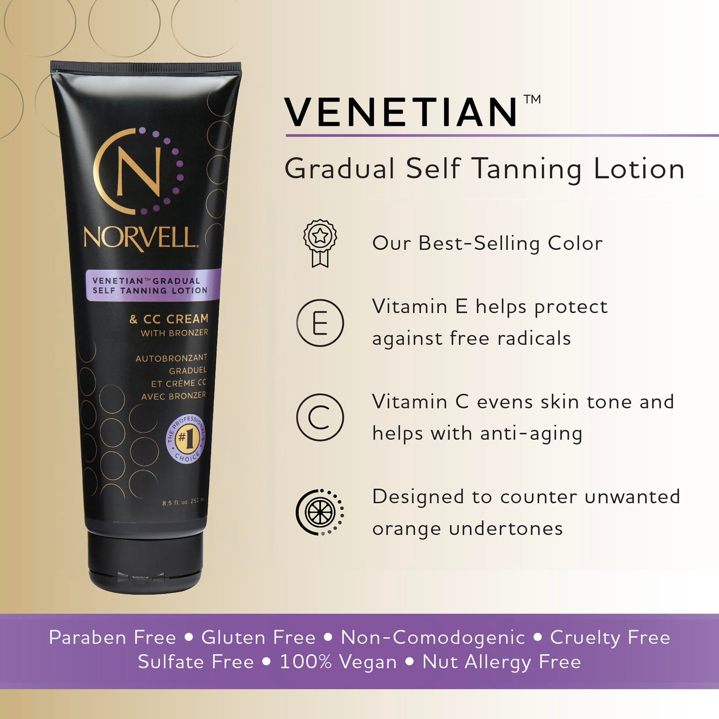 Norvell Venetian Sunless Self Tanner Gradual Color Extender Moisturizing Lotion, 8.5 fl.oz - Self Tanning Cream with Violet and Brown Tone, Instant Bronzers Fake Tan