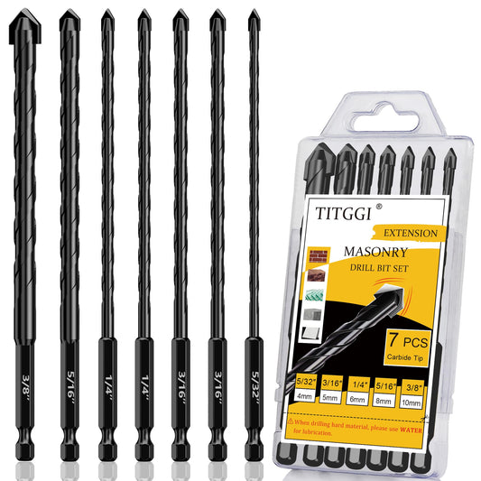 Concrete Drill Bit-Masonry Drill Bit Set, Industrial Strength Drill Bit Set, Extension Professional Masonry Drill Bit Set (7 PCS) for Glass/Brick/Plastic/Cement/Tile, 5/32"-3/8" by TITGGI