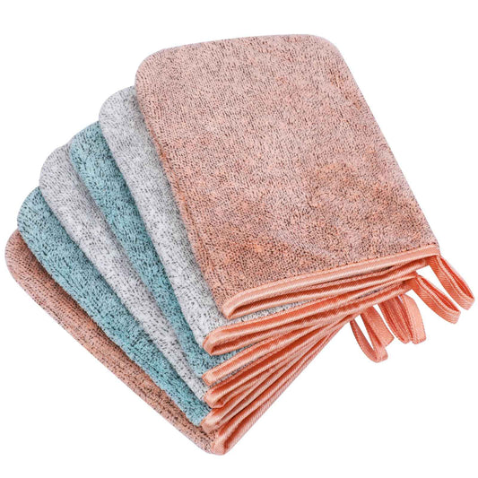 PHOGARY 6 Pack Microfiber Body Wash Mitts, 6×8 Inch Super Absorbent & Soft Face Mitten, Coral Fleece Bath Spa Cloth, Reusable Makeup Remover Mitt Gloves, 3 Colors