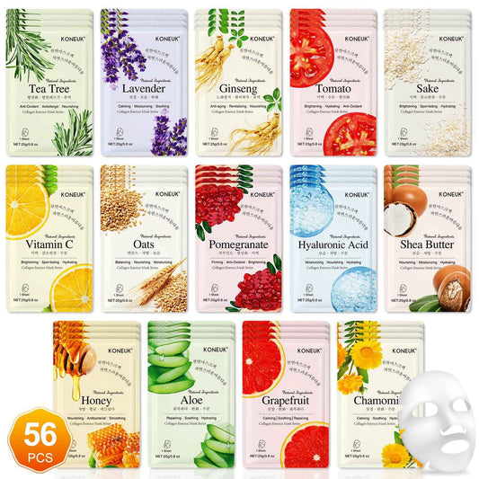 KONEUK 56 Pack Sheet Face Masks Skincare for Women, Hydrating Face Masks Suitable for Sensitive Skin, Bulk Facial Mask Gifts Set for Skin Care, Home Skincare Spa for All Skin Types