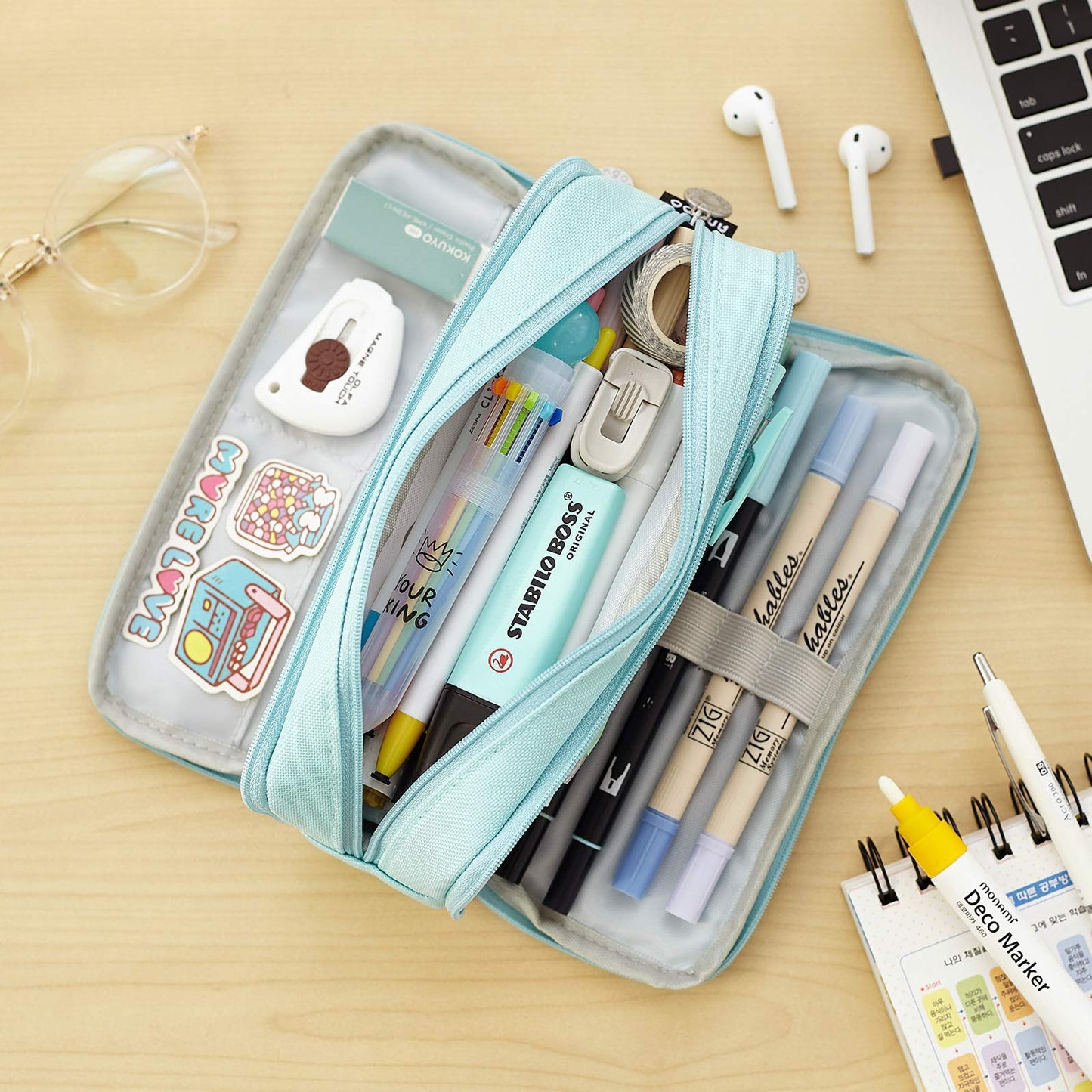 CICIMELON Pencil Case Large Capacity Pencil Pouch 3 Compartments Pencil Bag Gift for Students Girls Adults Women (Light Blue)