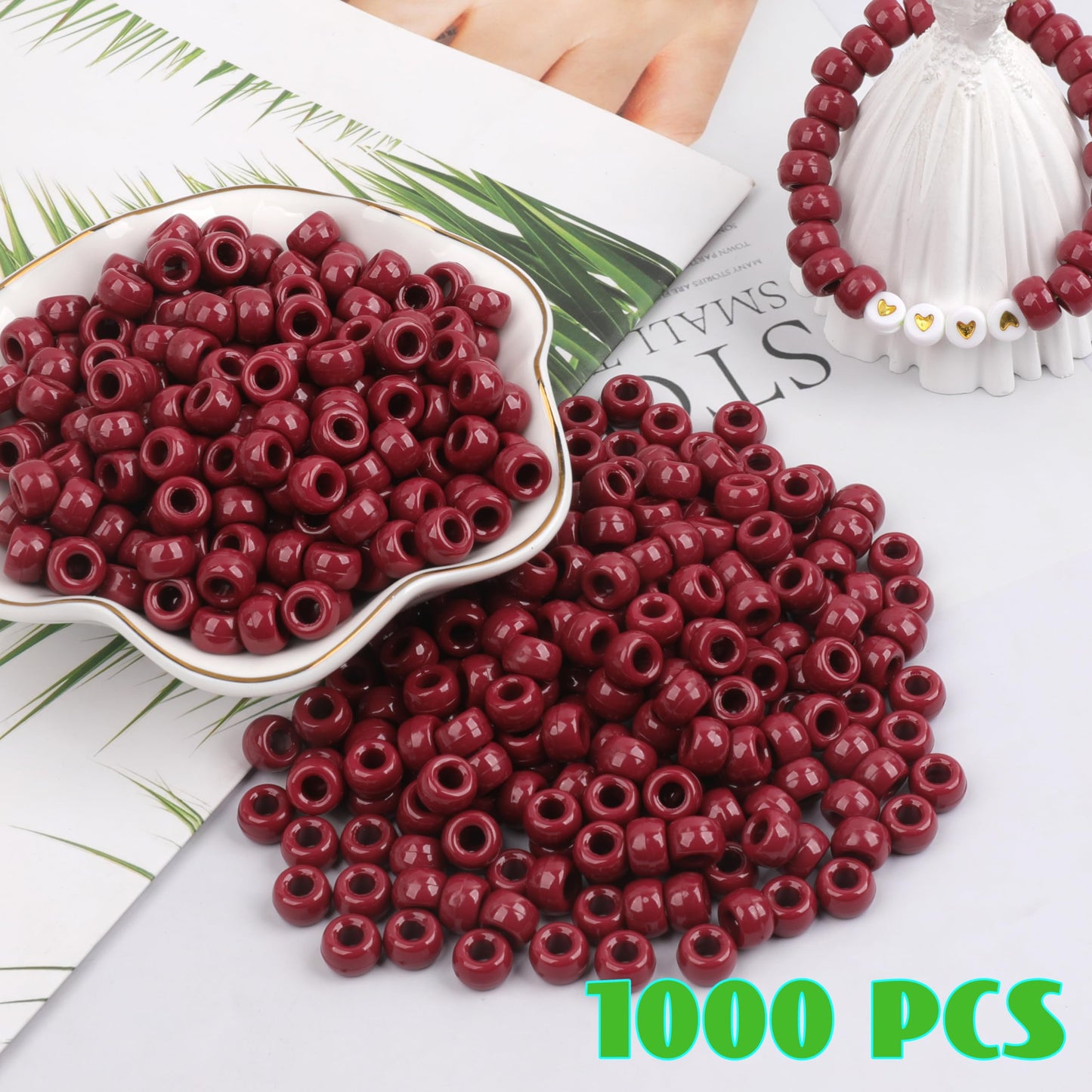 Auvoau 1000Pcs Pony Beads Bracelet 9mm Rainbow Plastic Barrel Pony Beads for Necklace,Hair Beads for Braids for Girls,Key Chain,Jewelry Making (Wine Red)