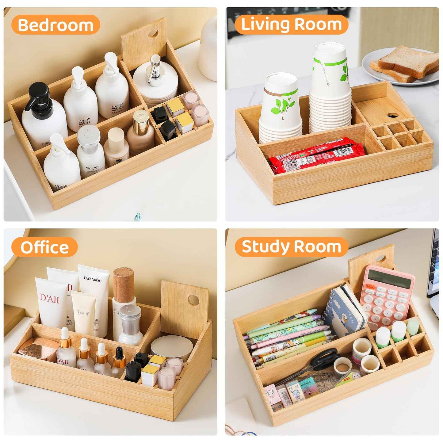 fyoolym Bamboo Makeup Desk Organizer, Makeup Storage Organization Table Box, Suitable for Desk Organizer and Storage Dressing Table, Bathroom Desk, Counter