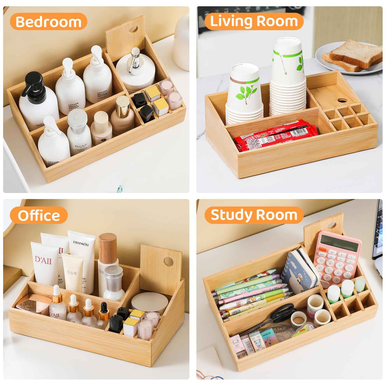 fyoolym Bamboo Makeup Desk Organizer, Makeup Storage Organization Table Box, Suitable for Desk Organizer and Storage Dressing Table, Bathroom Desk, Counter