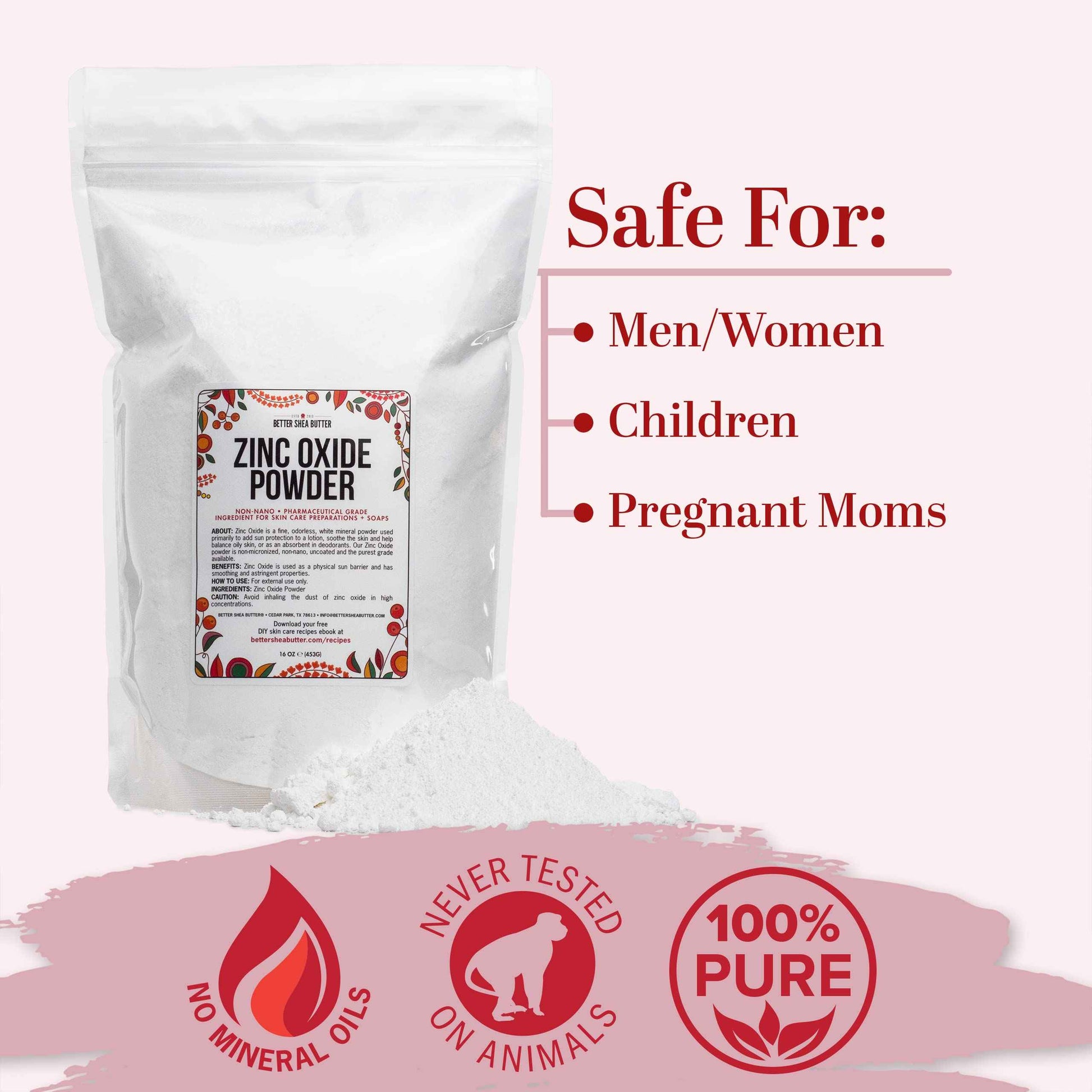 Zinc Oxide Powder | Uncoated, Non Nano Zinc Oxide | Pure, Pharmaceutical Grade | Use in Homemade Sunscreen Lotion | Diaper Rash Cream, Deodorant DIY, Ointment | 1 LB by Better Shea Butter