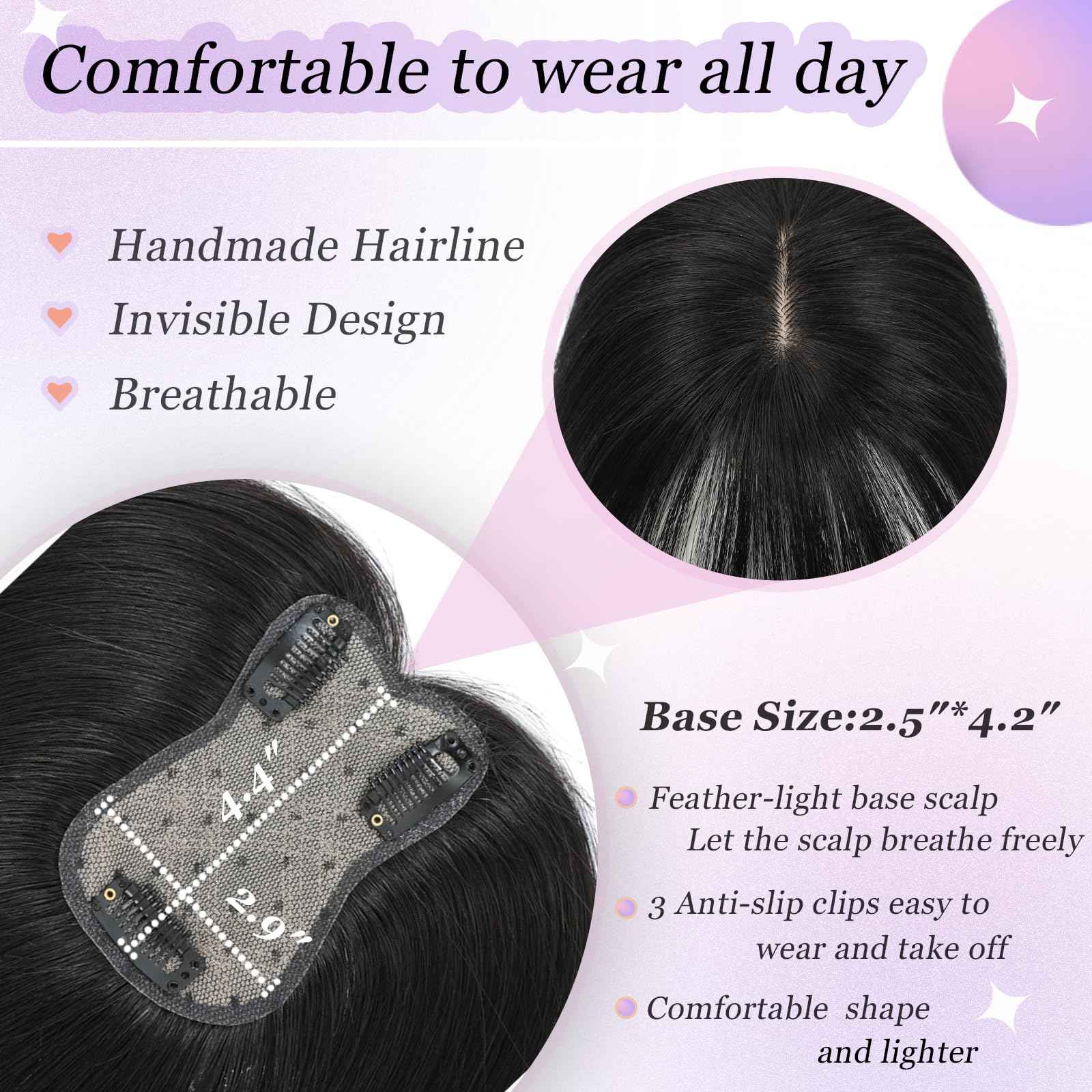 Hair Toppers for Women Real Human Hair， 360° 3D Cover Hair Topper Clip in Bangs 10 Inch Realistic Scalp Pieces for Women with Thinning Crown (Black, Wispy Bangs)