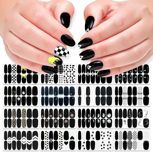 DANNEASY 16 Sheets Black Nail Polish Stickers Full Nail Wraps Stick on Nail Polish Strips Gel Nail Strips Self Adhesive Fingernail Sticker Nails for Women with Nail File, Cuticle Stick