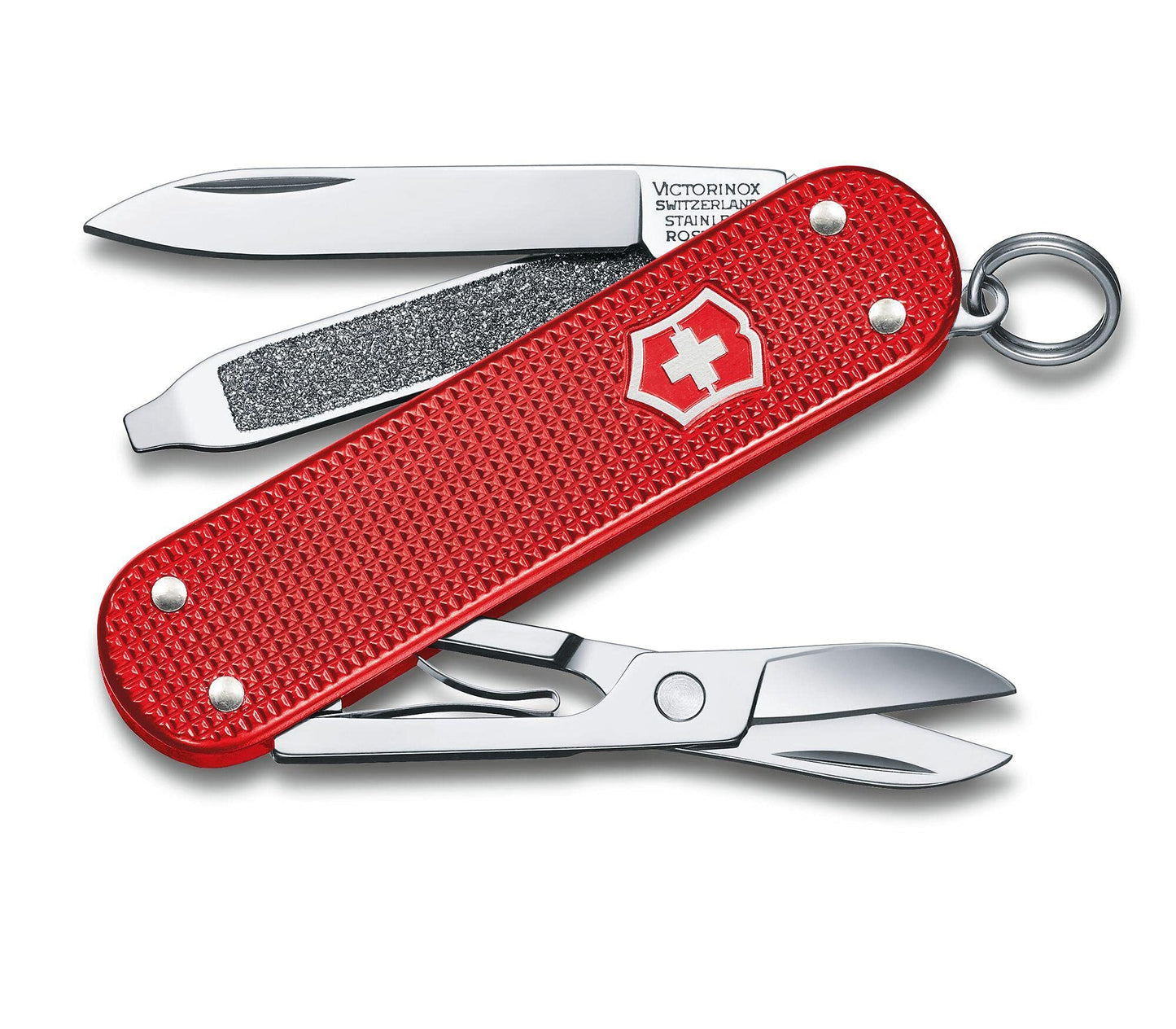 Victorinox Classic SD Alox Swiss Army Knife, Compact, 5 Functions, Swiss Made Pocket Knife with Small Blade, Screwdriver and Key Ring - Sweet Berry (Red)