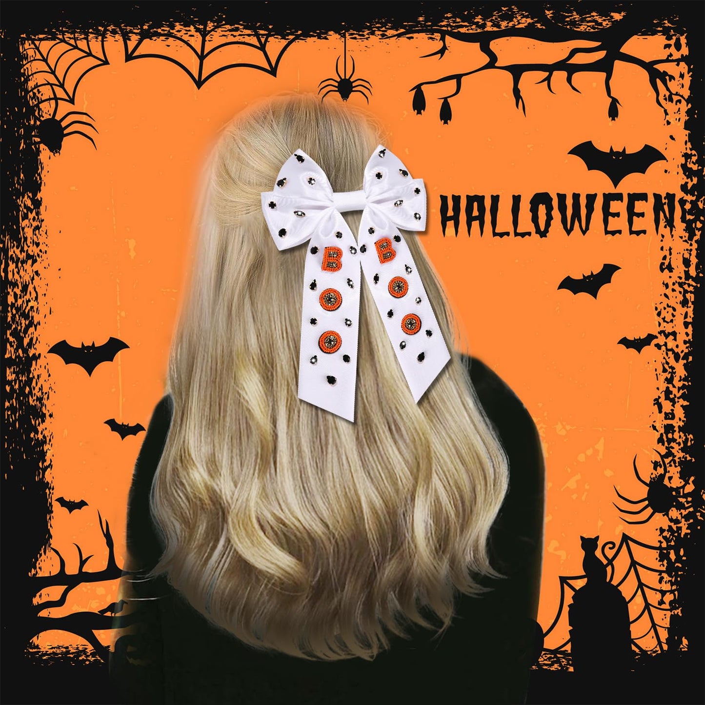 Halloween Hair Bows Boo Hair Bow Clips for Women Jeweled Halloween Cheer Bows Big Ribbon Hair Bows Barrettes Halloween Hair Clips Boo Accessories Halloween Outfits Party Favors (Pattern A2)