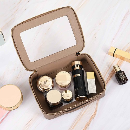 Aveniee Clear Makeup Bag Organizer, Travel Toiletry Bag Cosmetic Case for Women, Portable Make Up Skincare Pouch Car Organizer Bag with Zippers for Essentials,Taupe