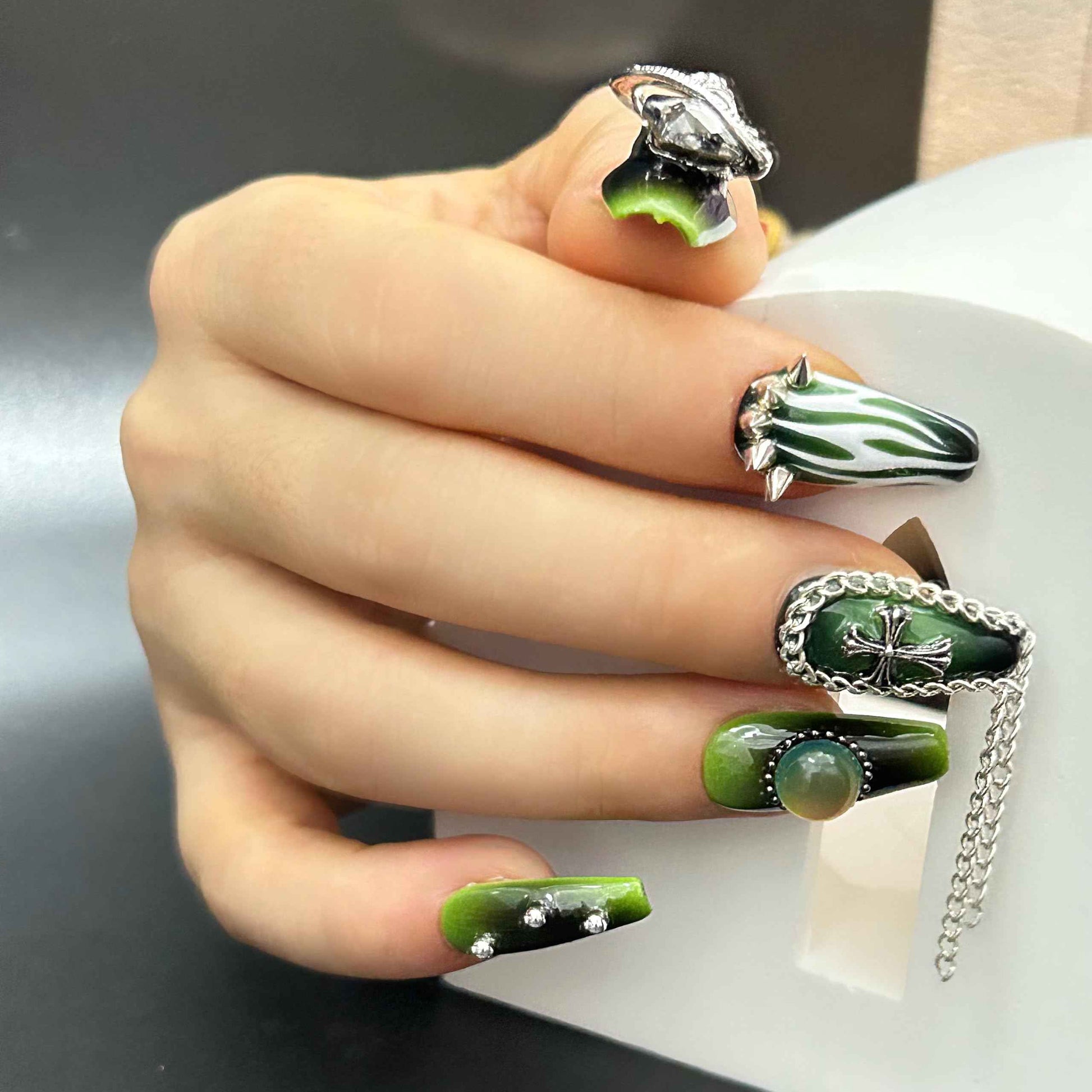 Press on Nails Handmade Luxury Long Style Coffin Reusable Goth Nail for Women and Girls 10pcs (Lost Immortal-M, One Size)