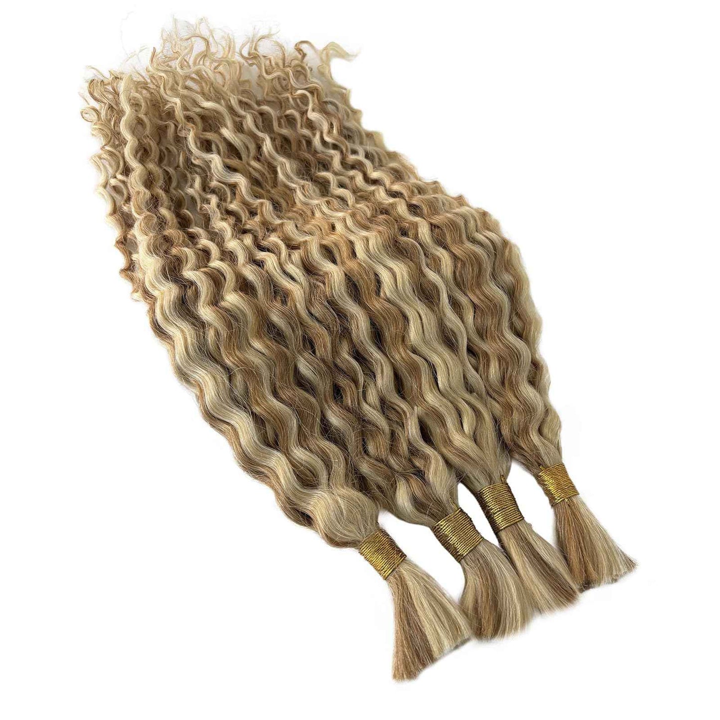 Highlight Human Braiding Hair for Boho Braids, 27/613 Curly Boho Human Hair for Braiding Highlights Blonde Deep Water Wave Bulk Human Hair Color 27 and 613 Bohemian Knotless Braids Two Bundles