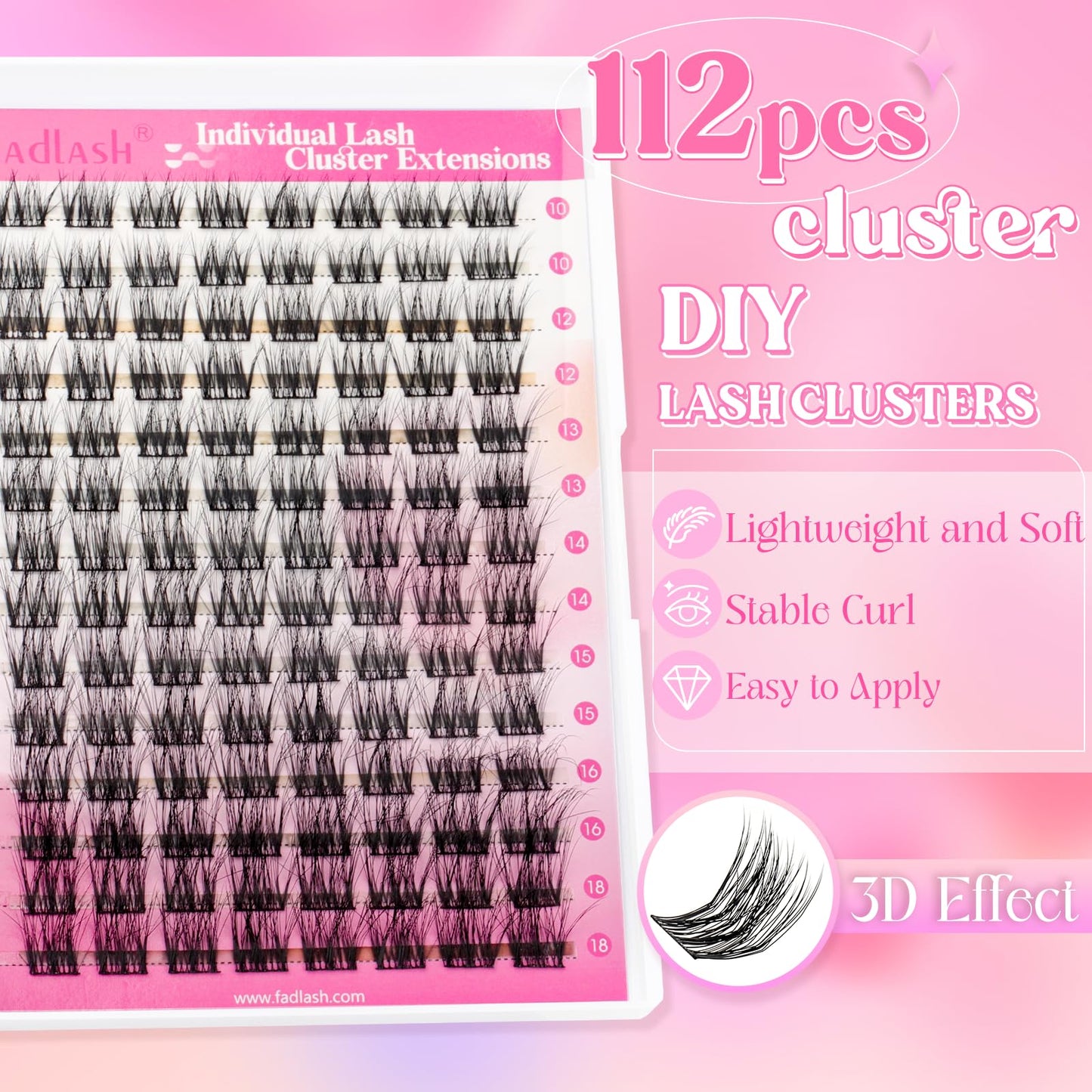 FADLASH Cluster Lashes Fluffy 10-18mm Lash Clusters Volume Lash Extension 112Pcs 3D DIY Lash Clusters D Curl Individual Lashes (R02-0.07-D,10-18mm)