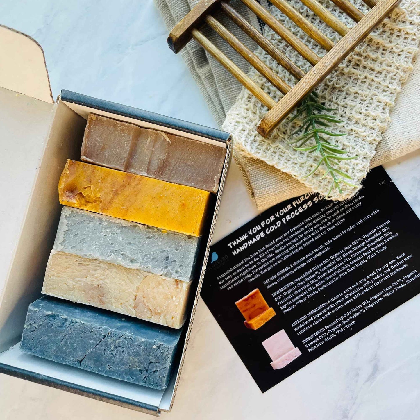 BLUEBYRD SOAP Men's Natural Bar Soap Gift Set (5 Bars) | Masculine Soap Bars Variety Pack - Bay Rum, Citrus Cedar Sage, Sandalwood, Frankincense, Exfoliating Pumice (Mens Original)