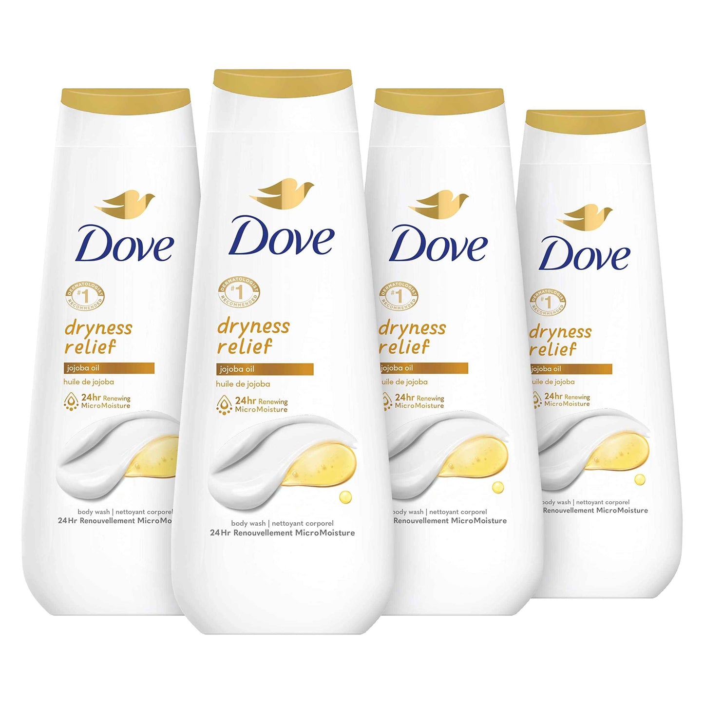 Dove Body Wash Dryness Relief Jojoba Oil 4 Count for Renewed, Healthy-Looking Skin Gentle Skin Cleanser with 24hr Renewing MicroMoisture 20 oz