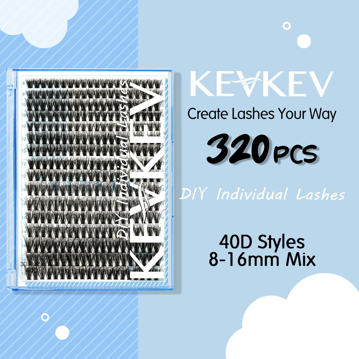 KevKev Lash Clusters Individual Lashes 3D Fluffy Eyelash Clusters 320 Pcs Cluster Lashes 40D Wispy Volume Lashes DIY Lash Extensions Thin Band & Soft(Fluffy 40D,D-8-16mix)