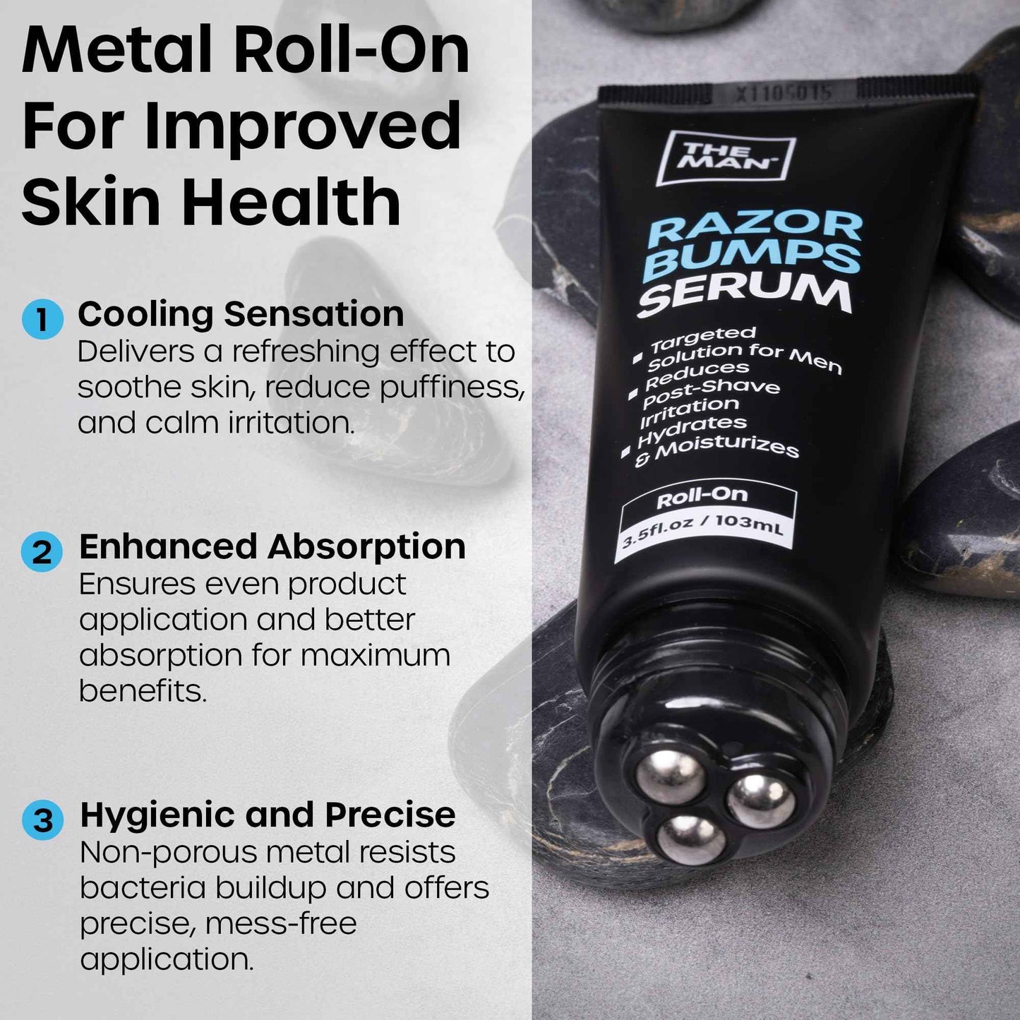 The Man Razor Bumps Serum - Ingrown Hair Treatment for Men - Razor Bump Treatment for Men - Face & Body After Shave & Razor Burn Treatment - Metal Roll On Soothes Skin & Calms Irritation (3.5fl.oz)