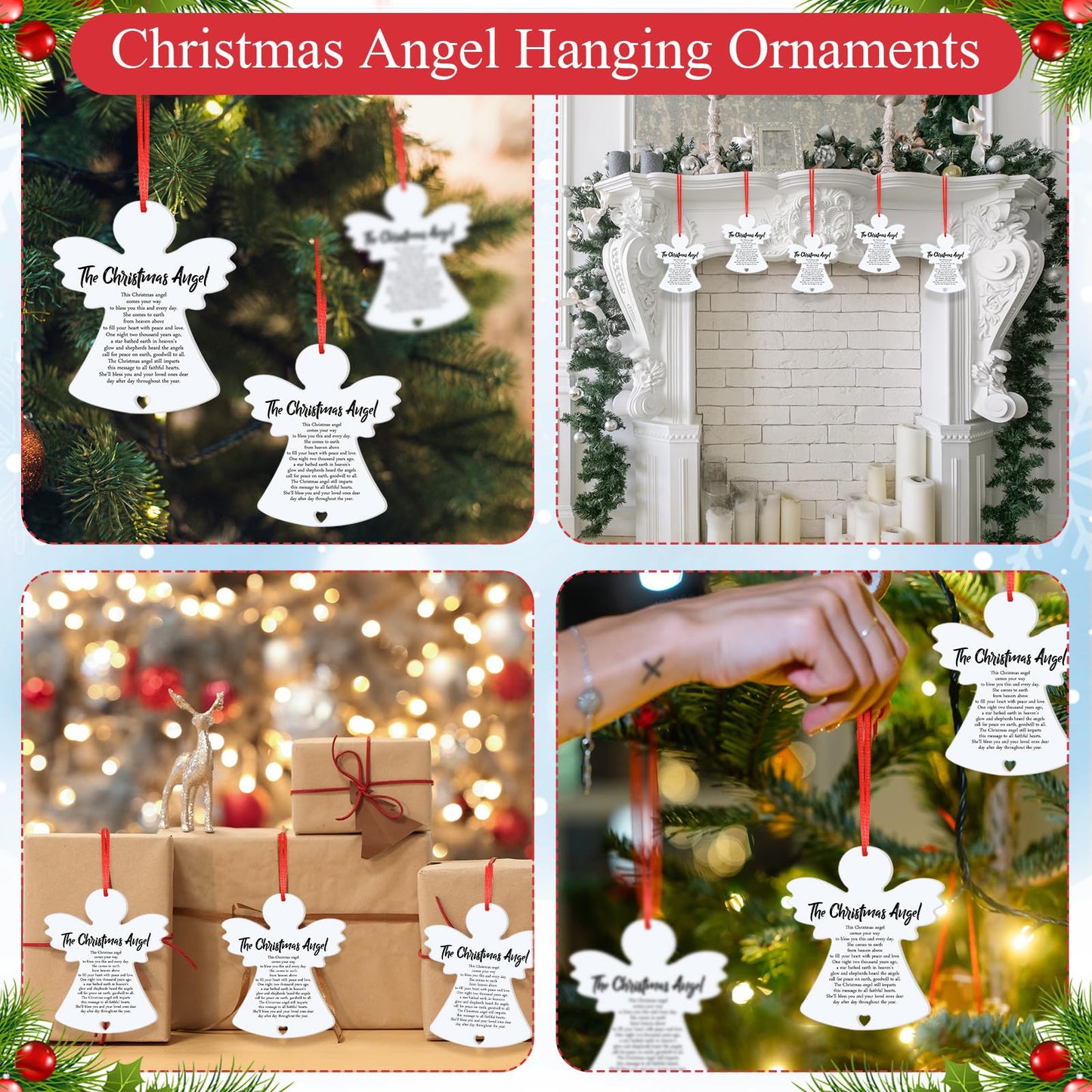 Barydat Wooden Angel Ornaments Christmas Angel Hanging Decoration Christmas Tree Ornaments Double Sided White Angel Pray Sign for Xmas Tree Fireplace Friend Family (24 Pcs)