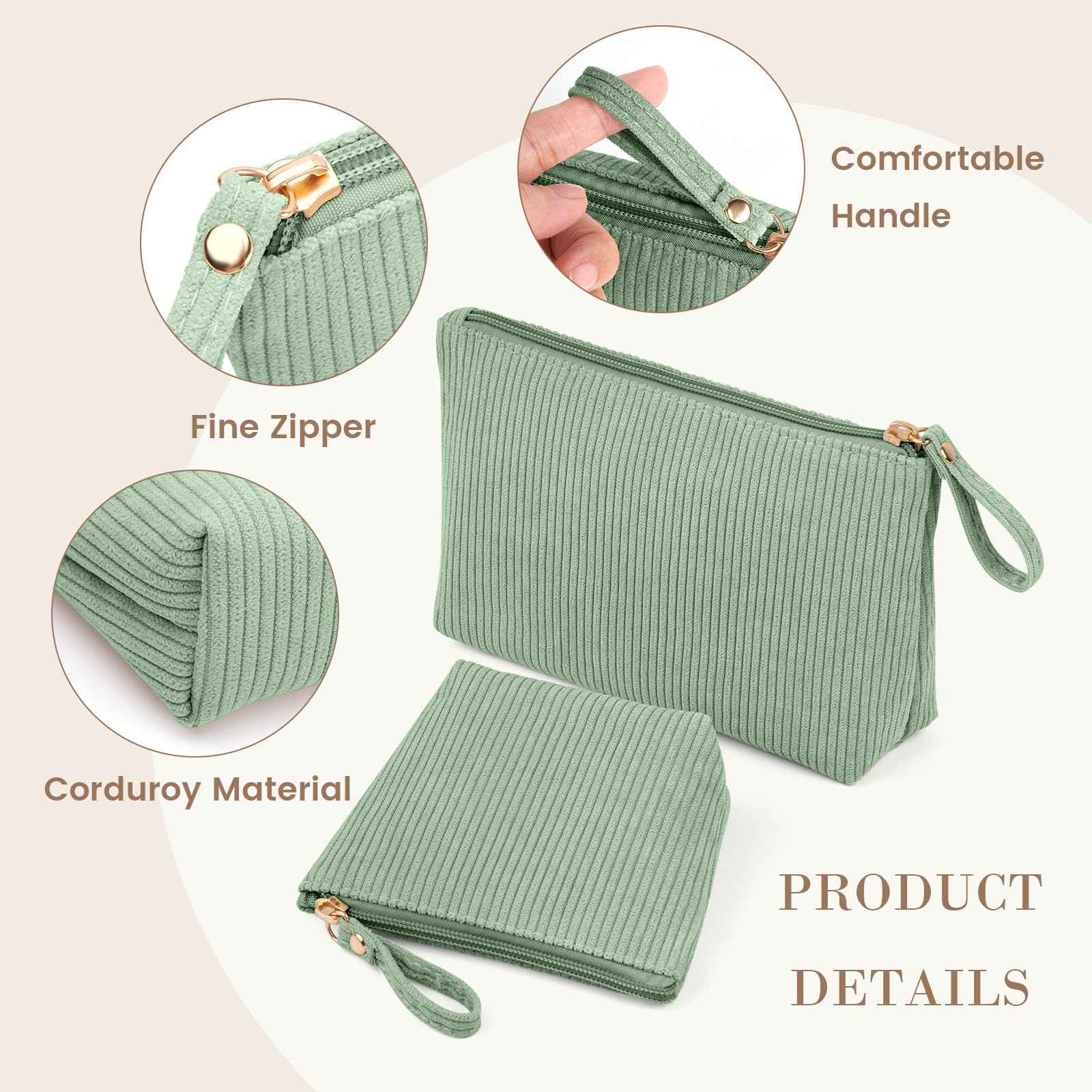 MAGEFY 2Pcs Makeup Bag Set, Cute Makeup Pouch for Purse Corduroy Travel Cosmetic Pouch for Women with Slip-in Pockets for Purse Essentials Accessories(Green,Mini+Small)