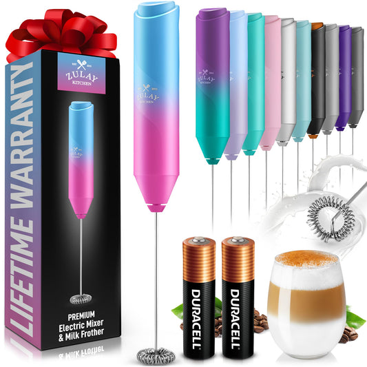 Zulay Kitchen Duracell Powered Milk Frother Handheld Foam Maker - Whisk Drink Mixer for Coffee, Latte, Matcha, Cappuccino - Mini Foamer by Milk Boss - Batteries Included - (Teal/Pink)