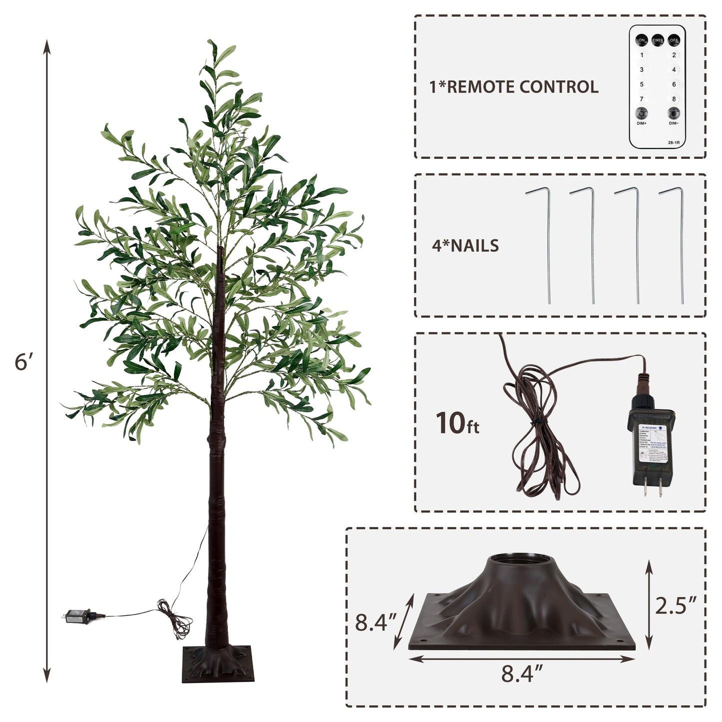 KOL 6FT Artificial Olive Tree with 300 Warm White LED Lights, Indoor Outdoor, Waterproof, 8 Flash Modes, 4 Brightness Adjustments, Timing Function, Easy Assembly, Satisfied Service