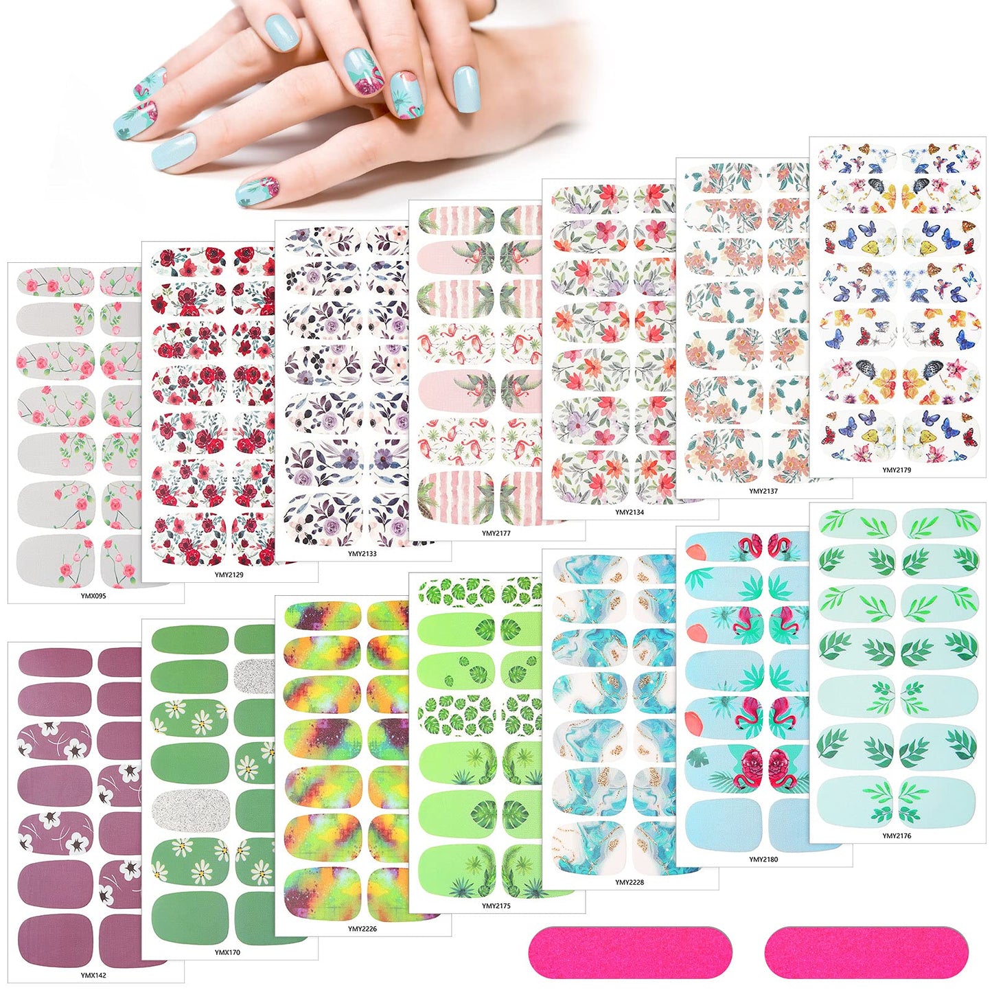 Maitys 196 Pieces 14 Sheets Full Nail Wraps Nail Polish Strips Stickers with 2 Pieces Nail Files Flower Print Self Adhesive Nail Stickers Decal for Women DIY Nail Art(Fresh Style)