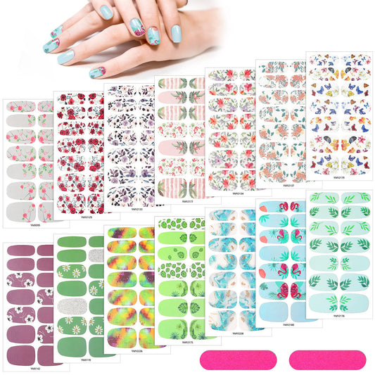 Maitys 196 Pieces 14 Sheets Full Nail Wraps Nail Polish Strips Stickers with 2 Pieces Nail Files Flower Print Self Adhesive Nail Stickers Decal for Women DIY Nail Art(Fresh Style)