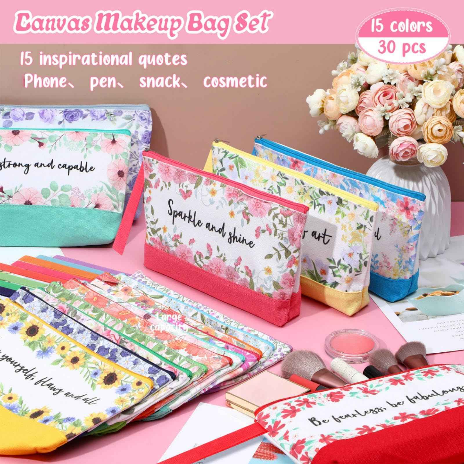 Silkfly 30 Pcs Cotton Canvas Makeup Bags Canvas Cosmetic Zipper 10.2 x 5.5 x 2 Inches Blank DIY Pouch Bag Bulk with Bottom Pencil Case Travel Toiletry Pouch for Women (Flower)